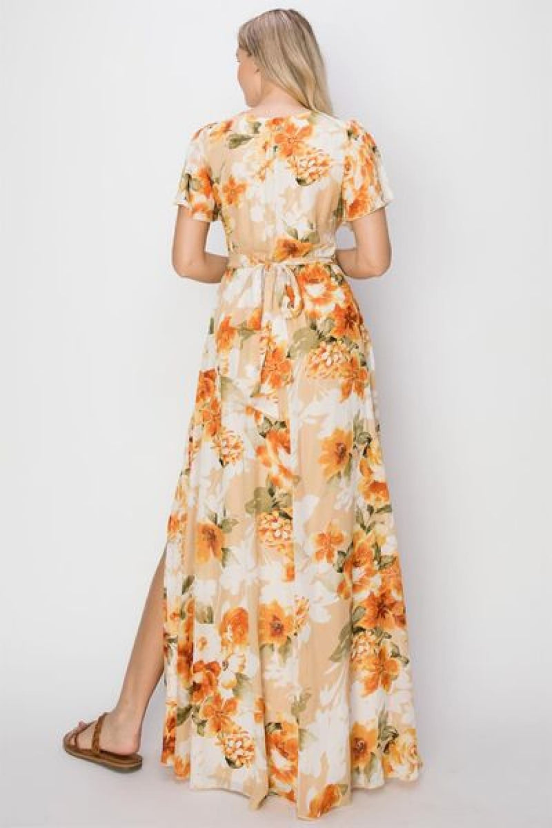 HYFVE Floral Tie Back Short Sleeve Slit Maxi Dress | Maxi Dresses