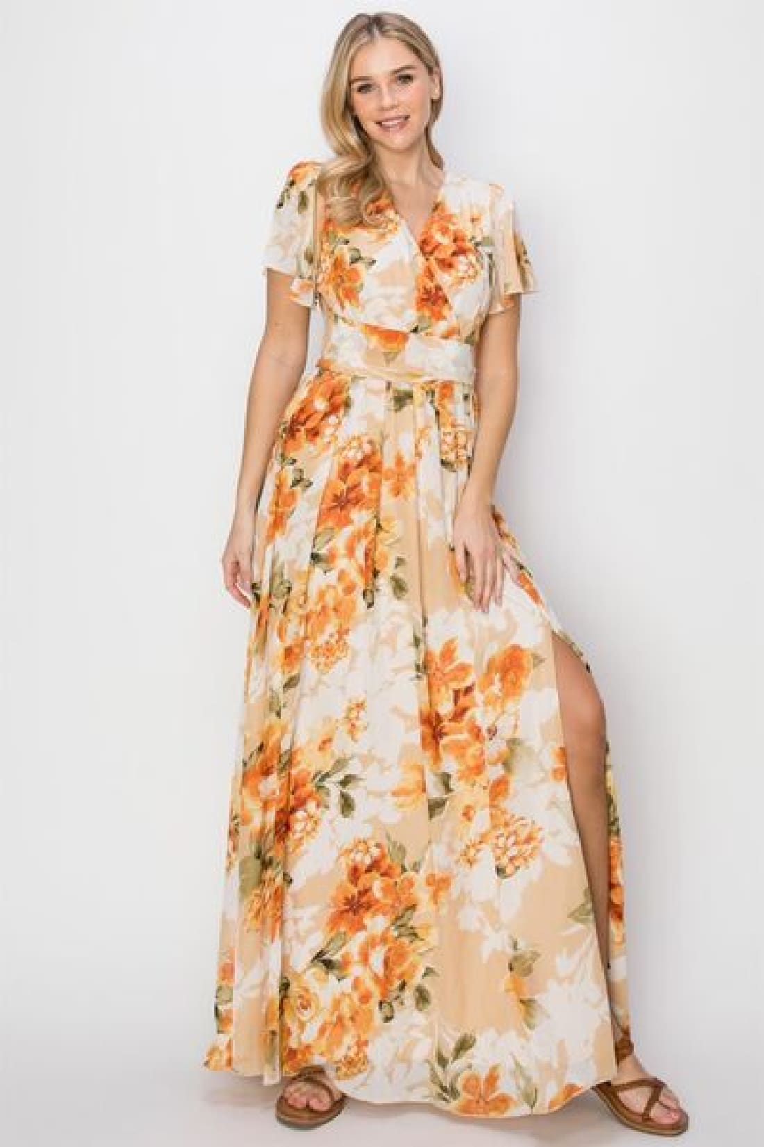 HYFVE Floral Tie Back Short Sleeve Slit Maxi Dress | Maxi Dresses