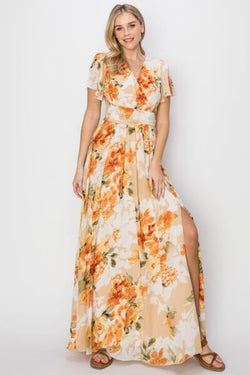 HYFVE Floral Tie Back Short Sleeve Slit Maxi Dress | Maxi Dresses
