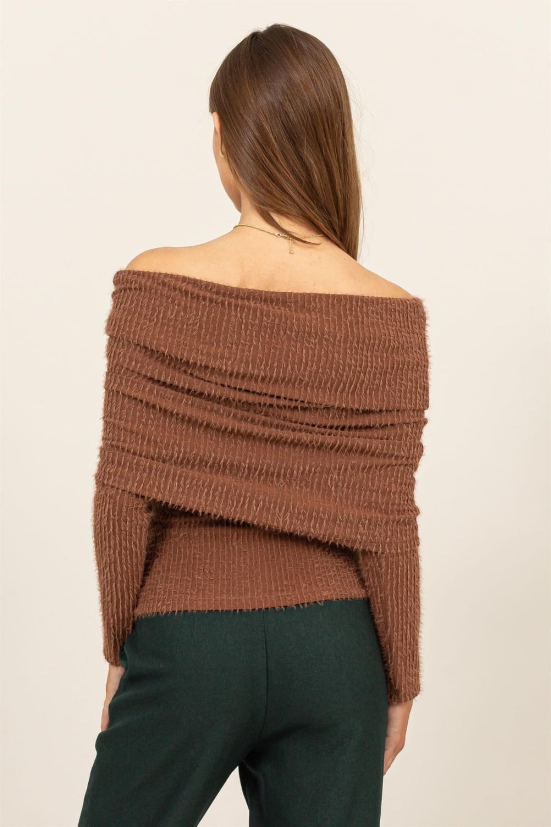 HYFVE Fuzzy Off Shoulder Textured Knit Top | Long Sleeve Tops