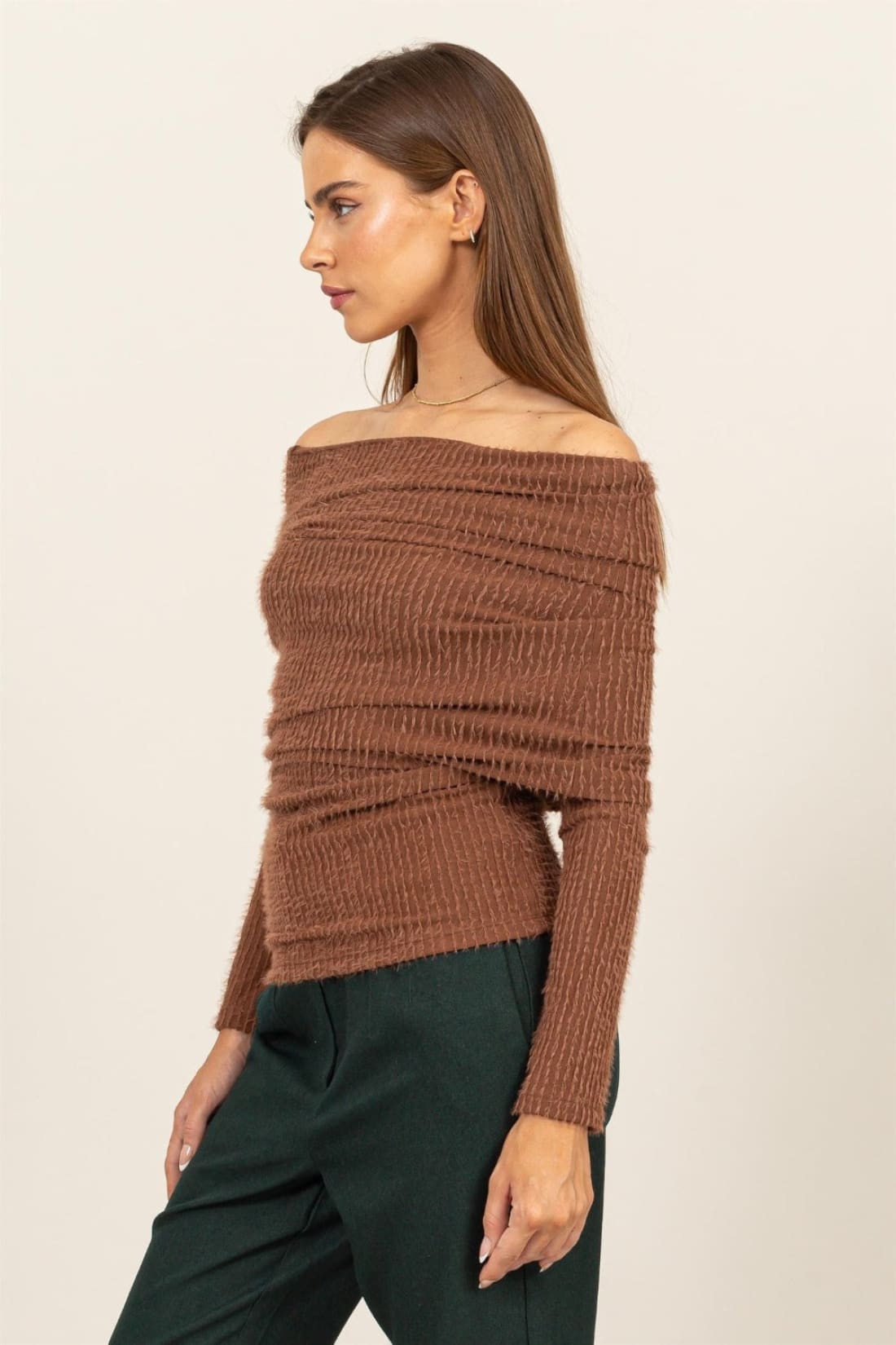 HYFVE Fuzzy Off Shoulder Textured Knit Top | Long Sleeve Tops