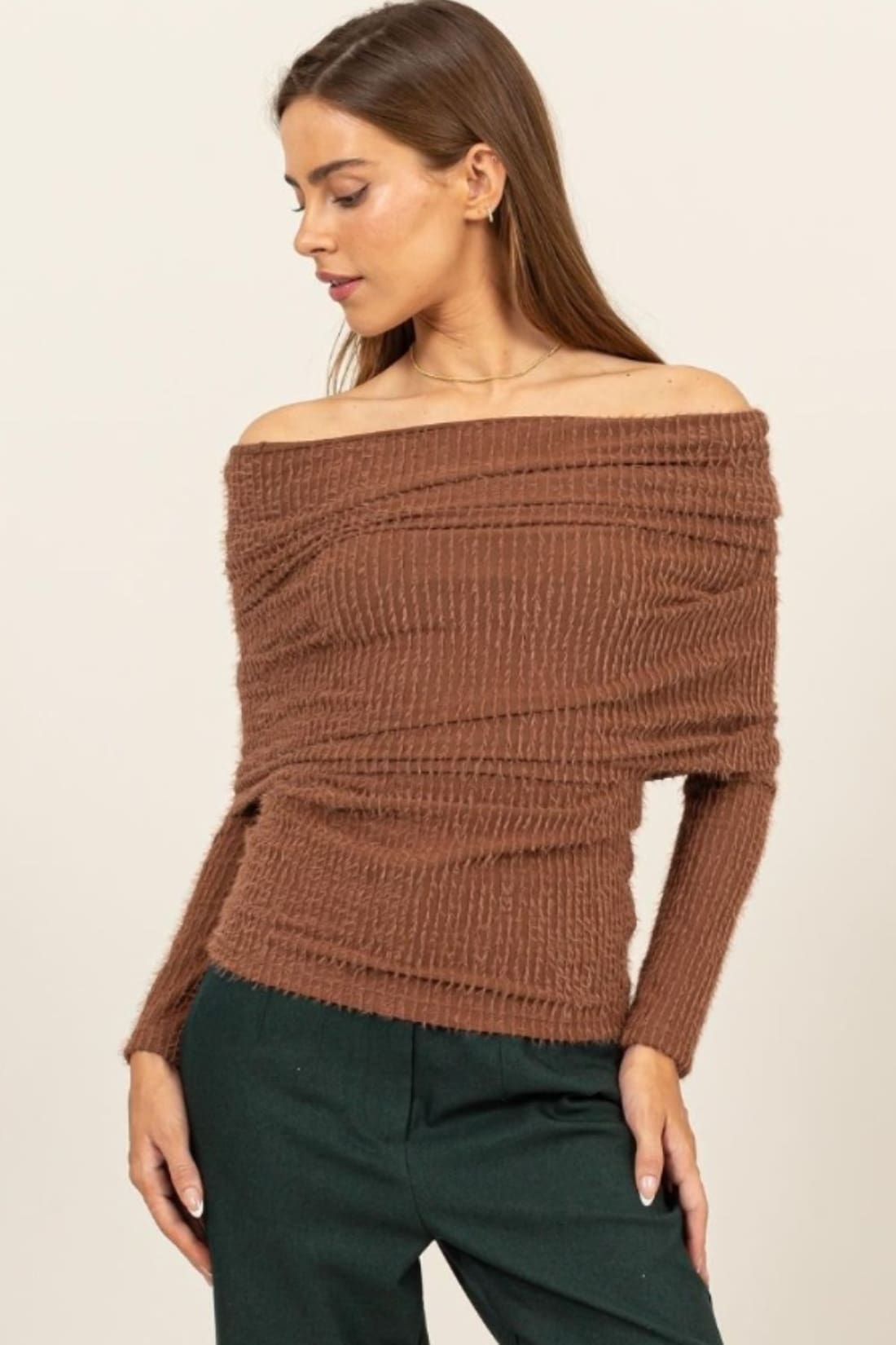 HYFVE Fuzzy Off Shoulder Textured Knit Top | Long Sleeve Tops