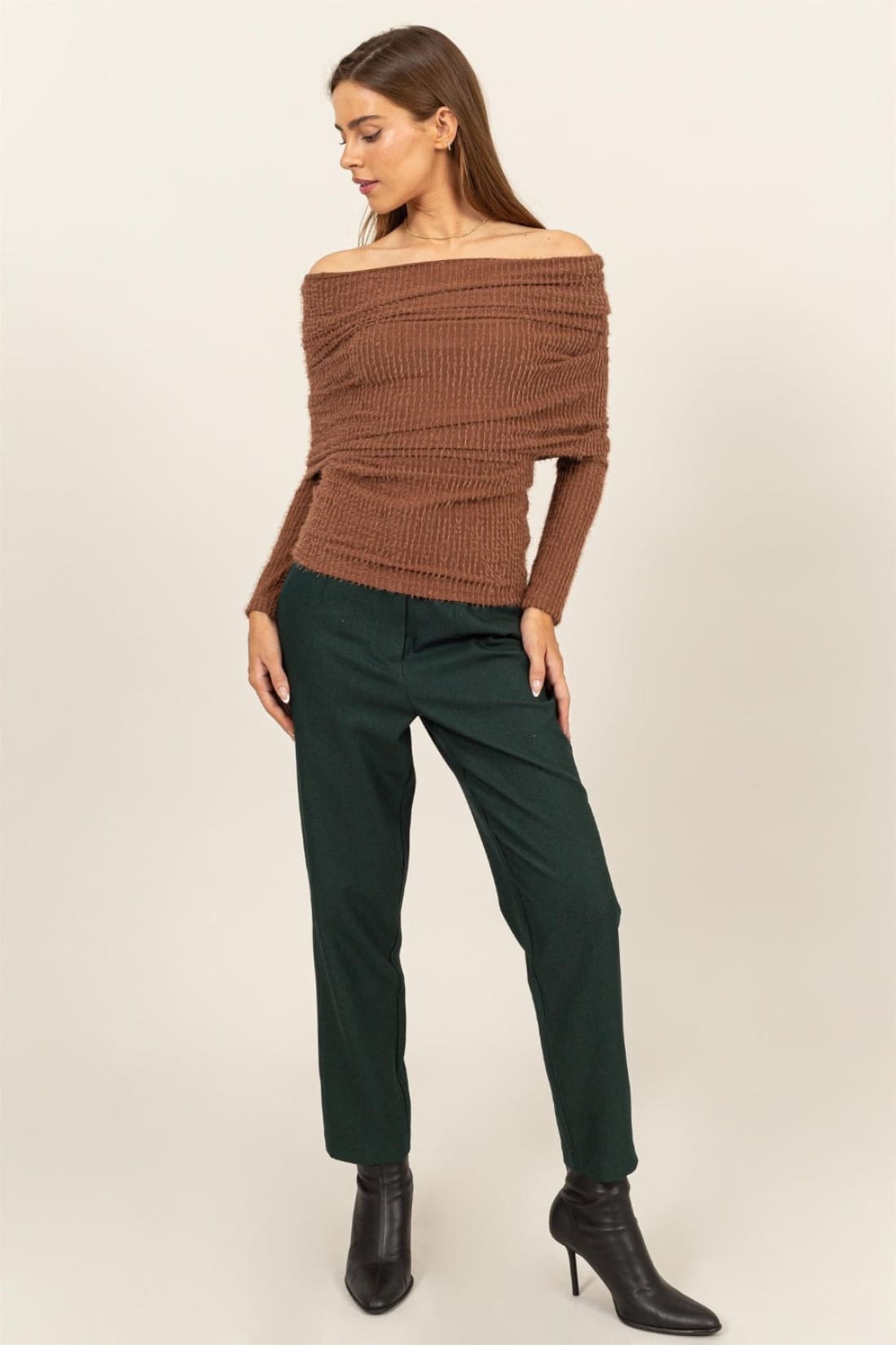 HYFVE Fuzzy Off Shoulder Textured Knit Top | Long Sleeve Tops