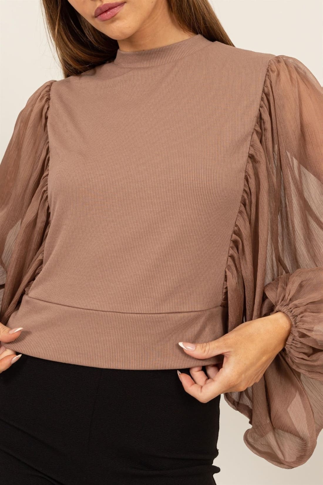 HYFVE Ruched Sheer Long Sleeve Mock Neck Blouse | Blouses & Shirts