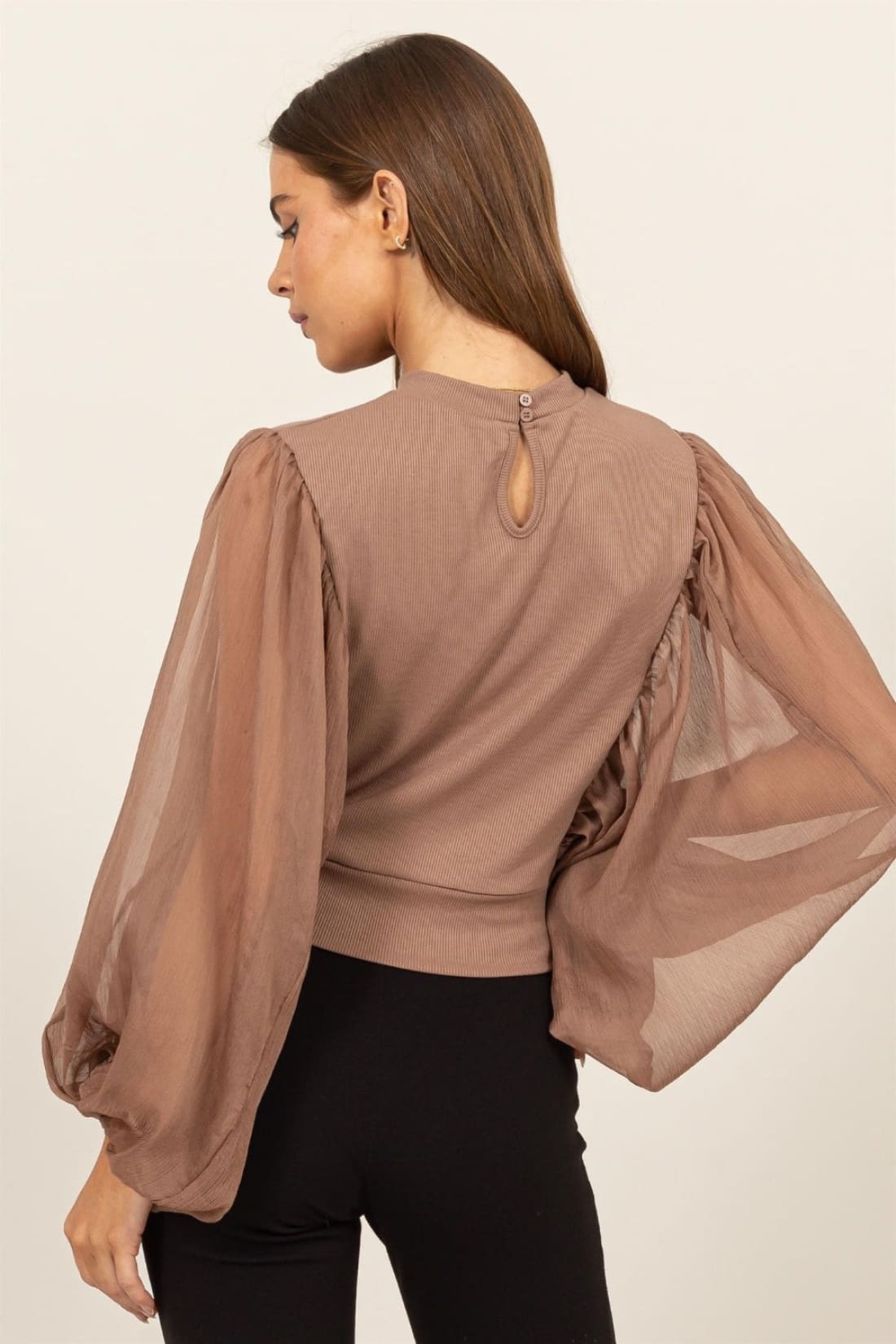 HYFVE Ruched Sheer Long Sleeve Mock Neck Blouse | Blouses & Shirts