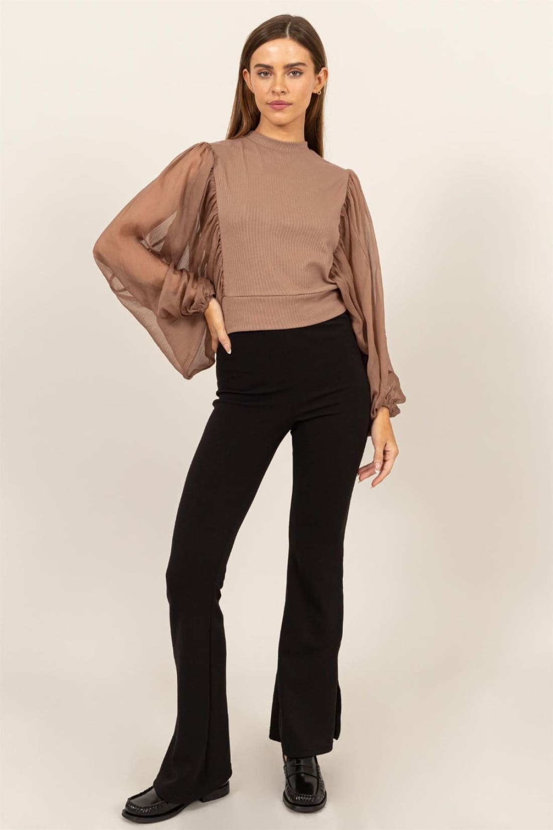 HYFVE Ruched Sheer Long Sleeve Mock Neck Blouse | Blouses & Shirts