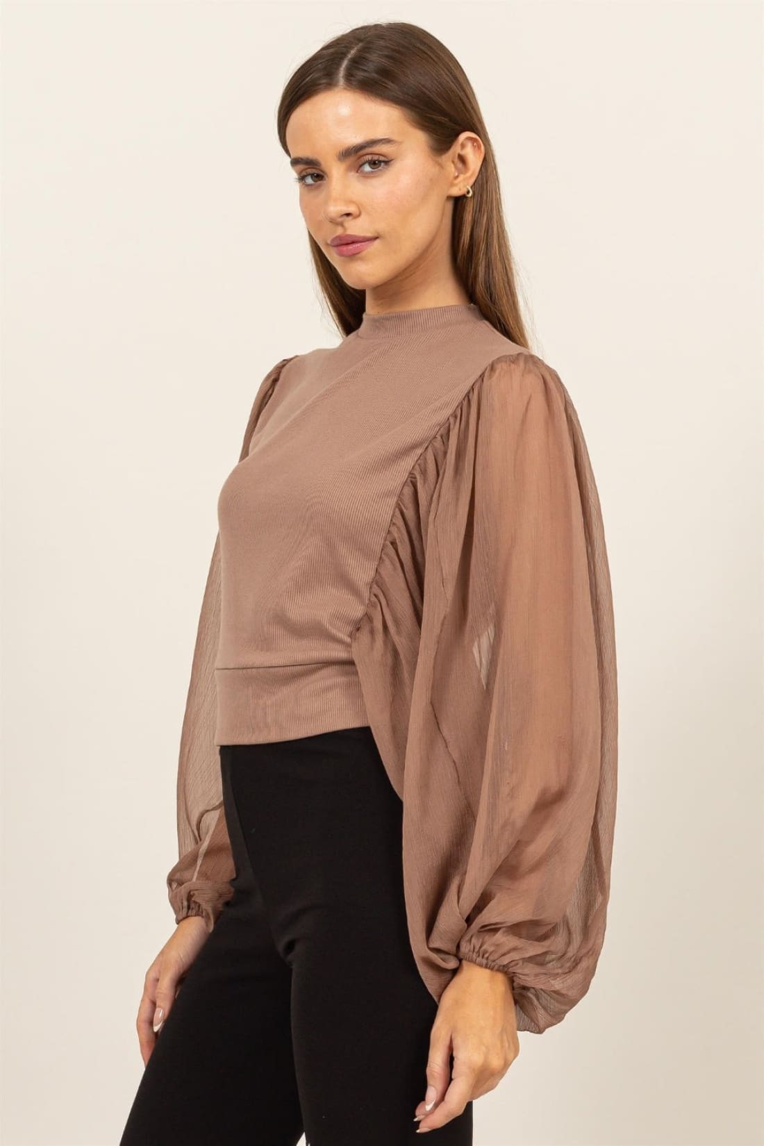 HYFVE Ruched Sheer Long Sleeve Mock Neck Blouse | Blouses & Shirts