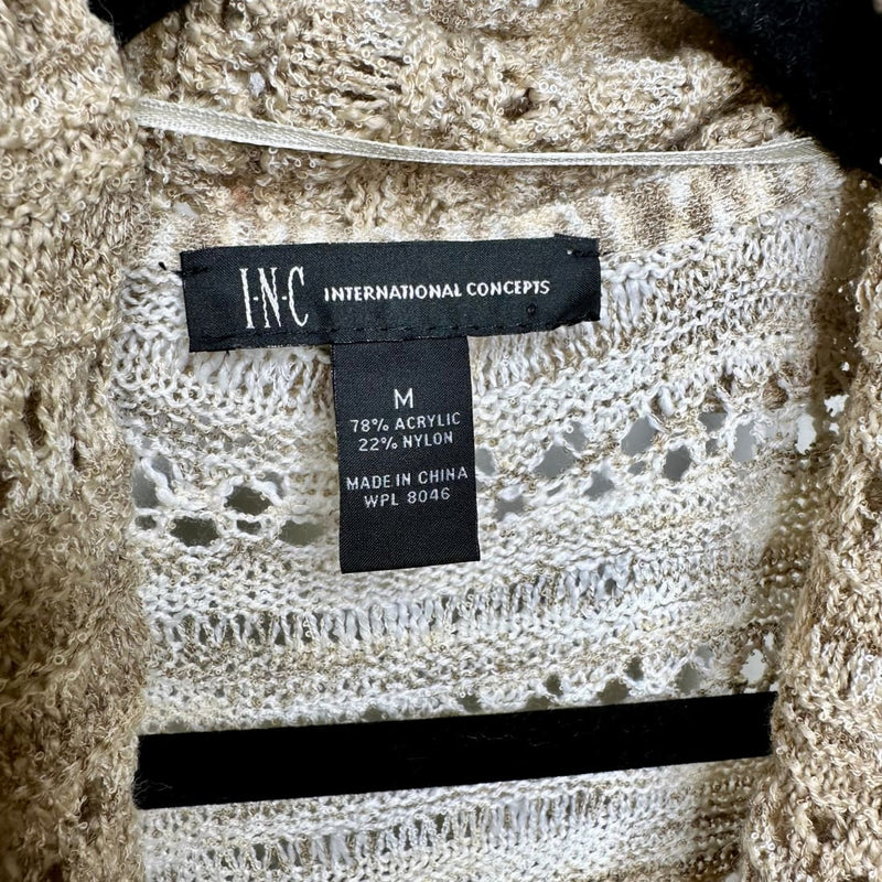 INC International Concepts Khaki Heathered Crochet Open Shawl Collar Cardigan NWOT Size M