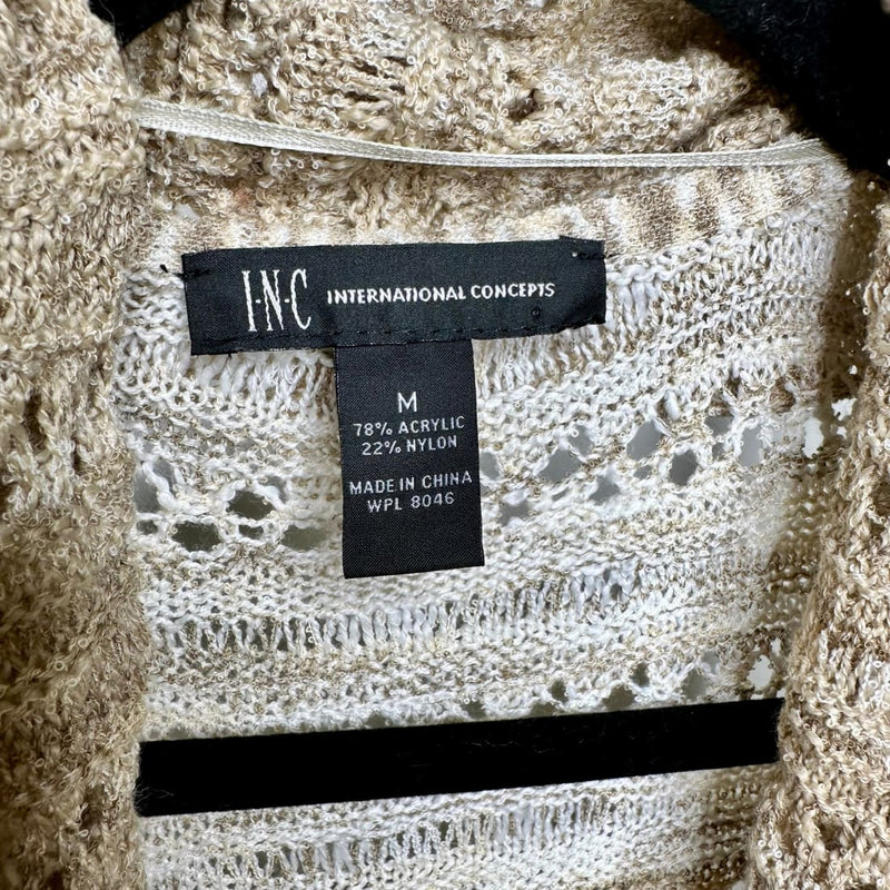 INC International Concepts Khaki Heathered Crochet Open Shawl Collar Cardigan -NWOT - Size M | Sweaters & Cardigans