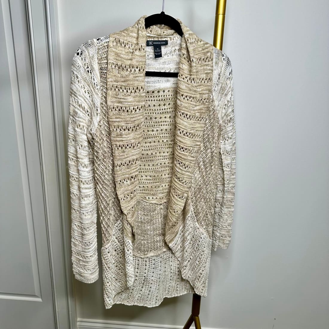 INC International Concepts Khaki Heathered Crochet Open Shawl Collar Cardigan -NWOT - Size M | Sweaters & Cardigans