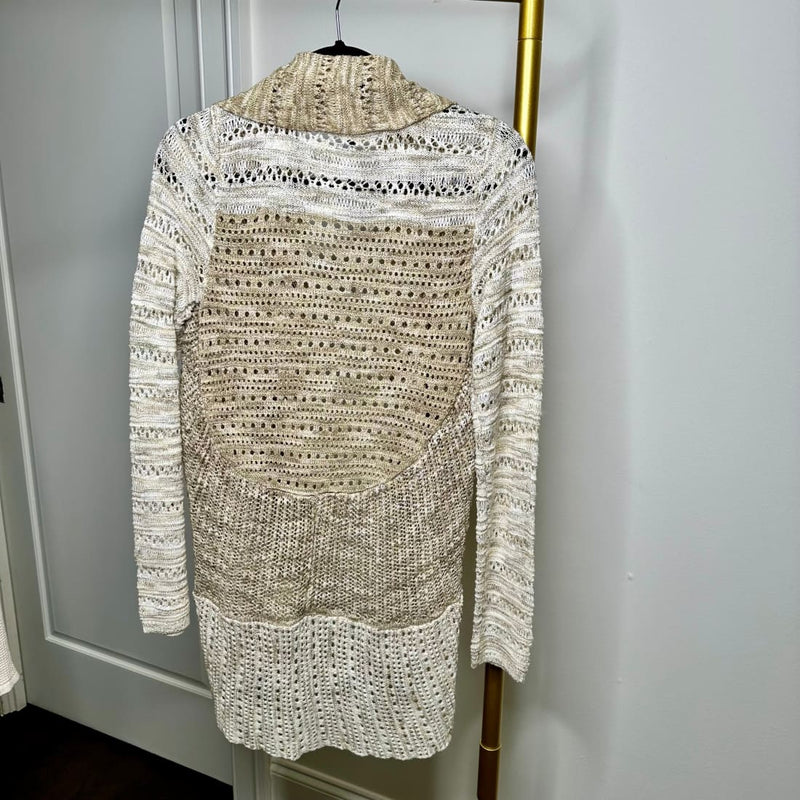 INC International Concepts Khaki Heathered Crochet Open Shawl Collar Cardigan NWOT Size M