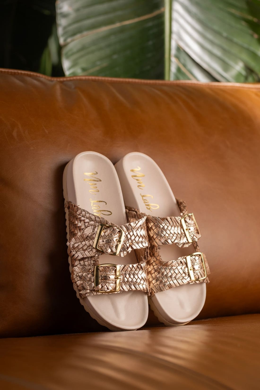 Intertwine Dual Woven Strap Slide in Champagne | sandals