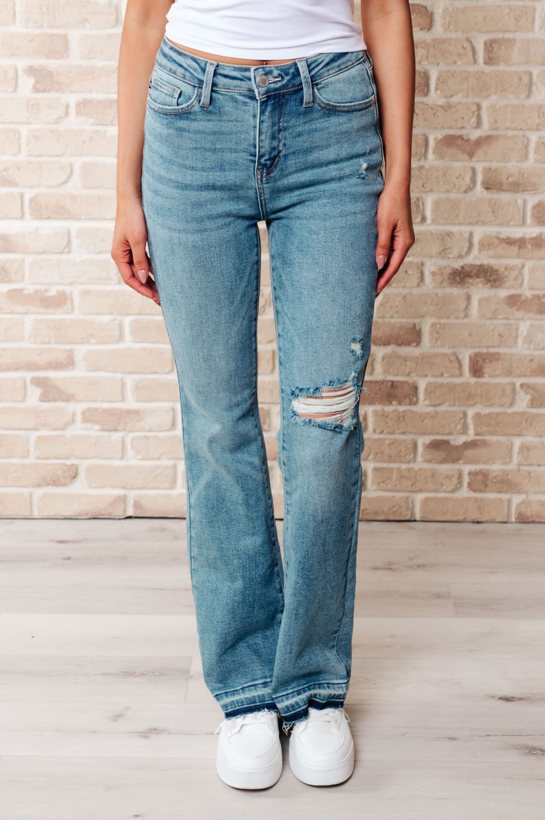 Isla Mid Rise Distressed Released Hem Bootcut Jeans | Womens