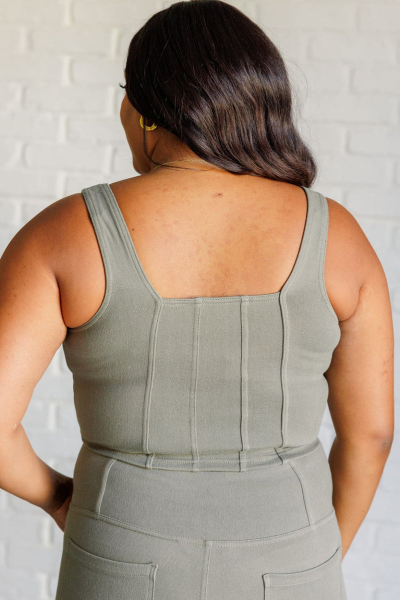 It’s All About the Balance Twill Square Neck Crop Top in Dusty Olive