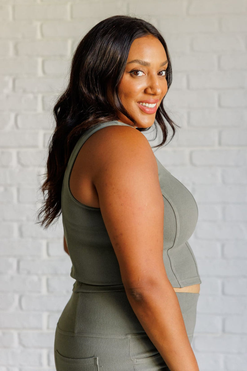 It’s All About the Balance Twill Square Neck Crop Top in Dusty Olive
