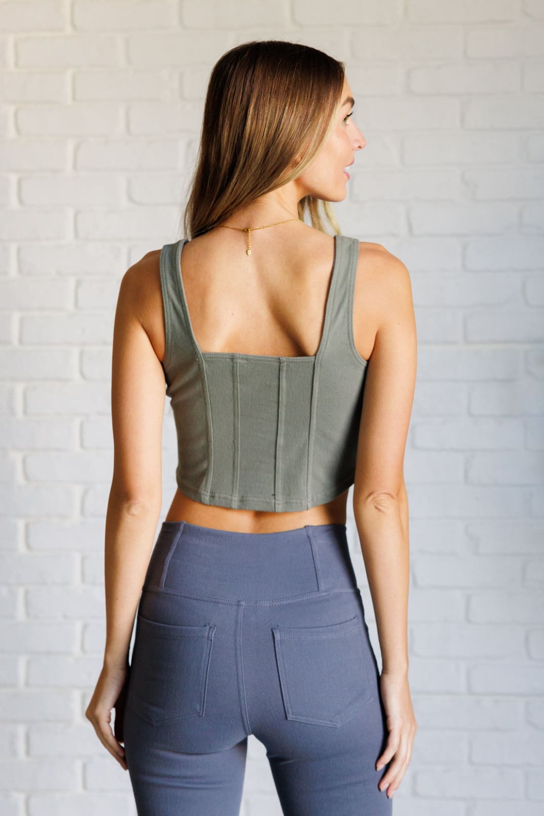 It’s All About the Balance Twill Square Neck Crop Top in Dusty Olive | tank top