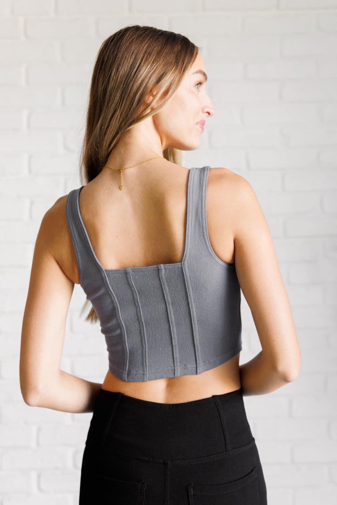 It’s All About the Balance Twill Square Neck Crop Top in Titanium | Tank Tops