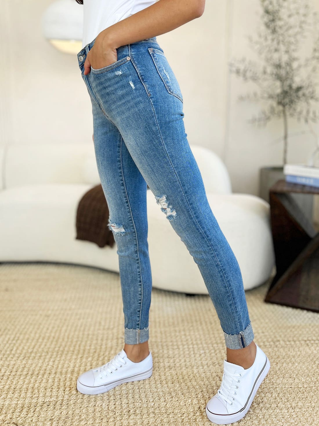 Judy Blue Mid Rise Destroy & Cuff Skinny Jeans | Women’s Jeans