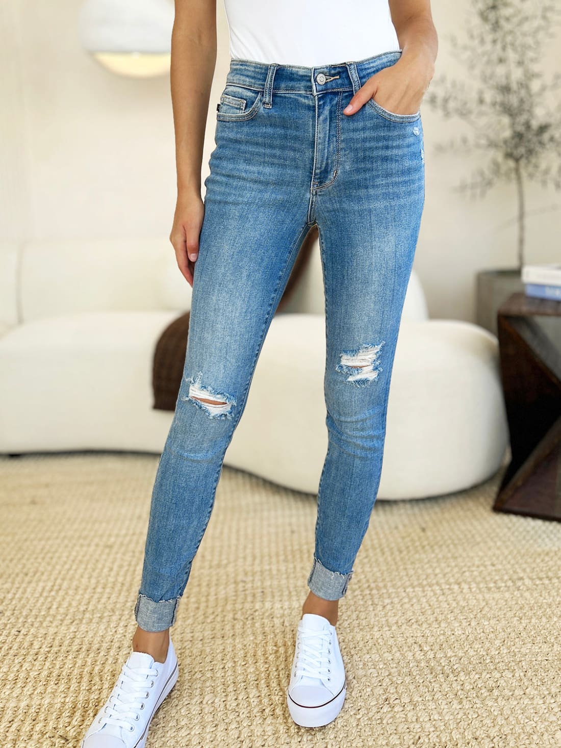 Judy Blue Mid Rise Destroy & Cuff Skinny Jeans | Women’s Jeans