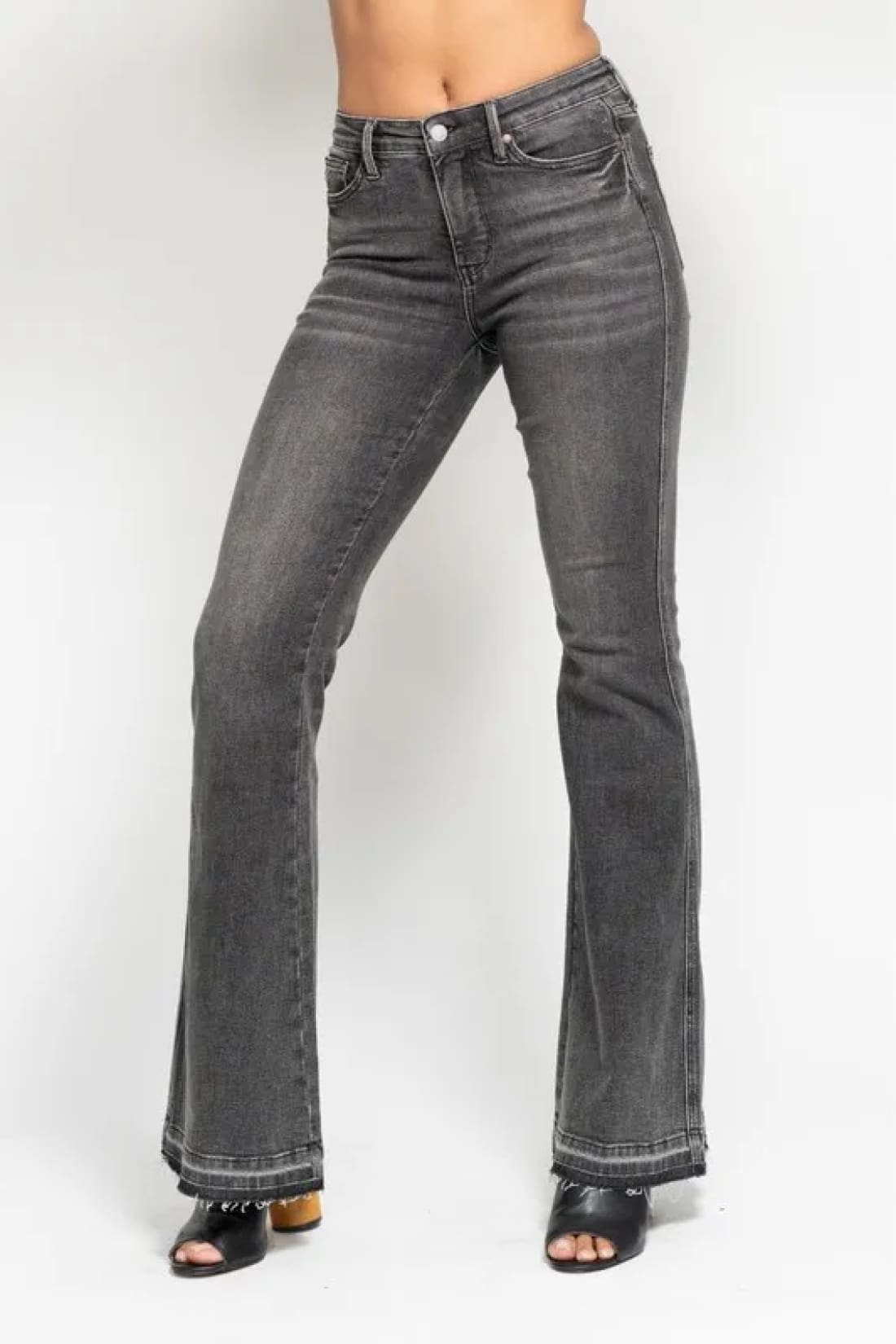 Judy Blue Full Size Mid Rise Tummy Control Washed Gray Release Hem Flare Jeans Plus Size