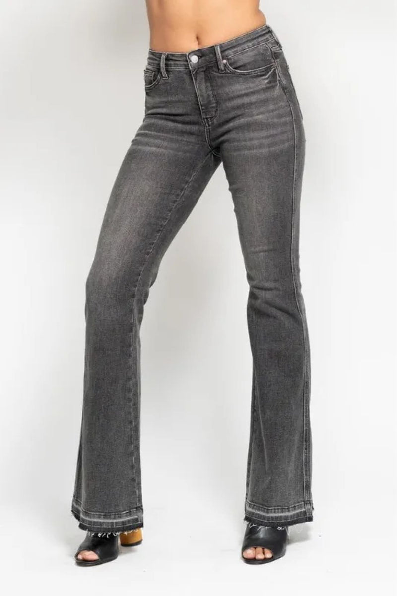 Judy Blue Full Size Mid Rise Tummy Control Washed Gray Release Hem Flare Jeans Plus Size