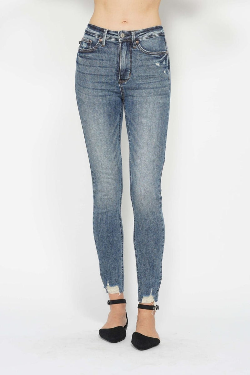 Judy Blue Tummy Control Vintage Wash Destroyed Hem Skinny Jeans