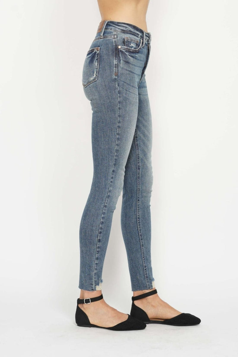 Judy Blue Tummy Control Vintage Wash Destroyed Hem Skinny Jeans