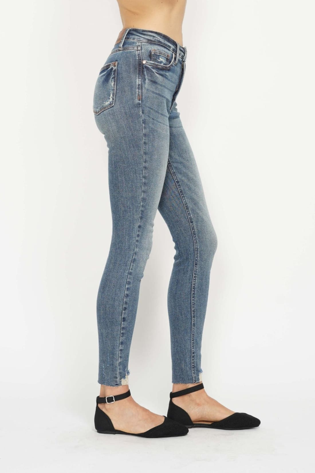 Judy Blue Tummy Control Vintage Wash Destroyed Hem Skinny Jeans