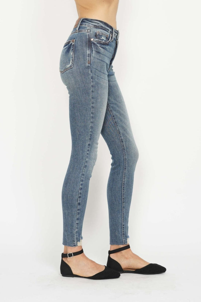 Judy Blue Tummy Control Vintage Wash Destroyed Hem Skinny Jeans