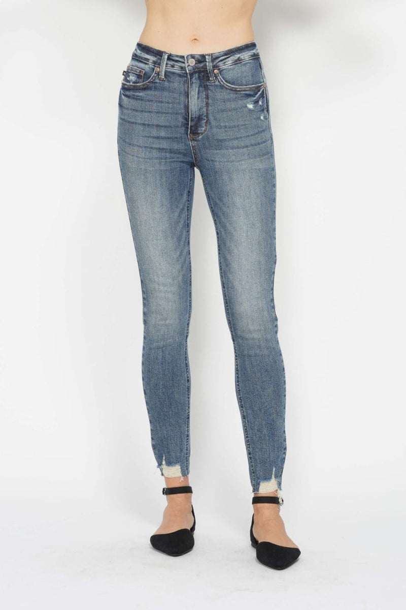 Judy Blue Tummy Control Vintage Wash Destroyed Hem Skinny Jeans