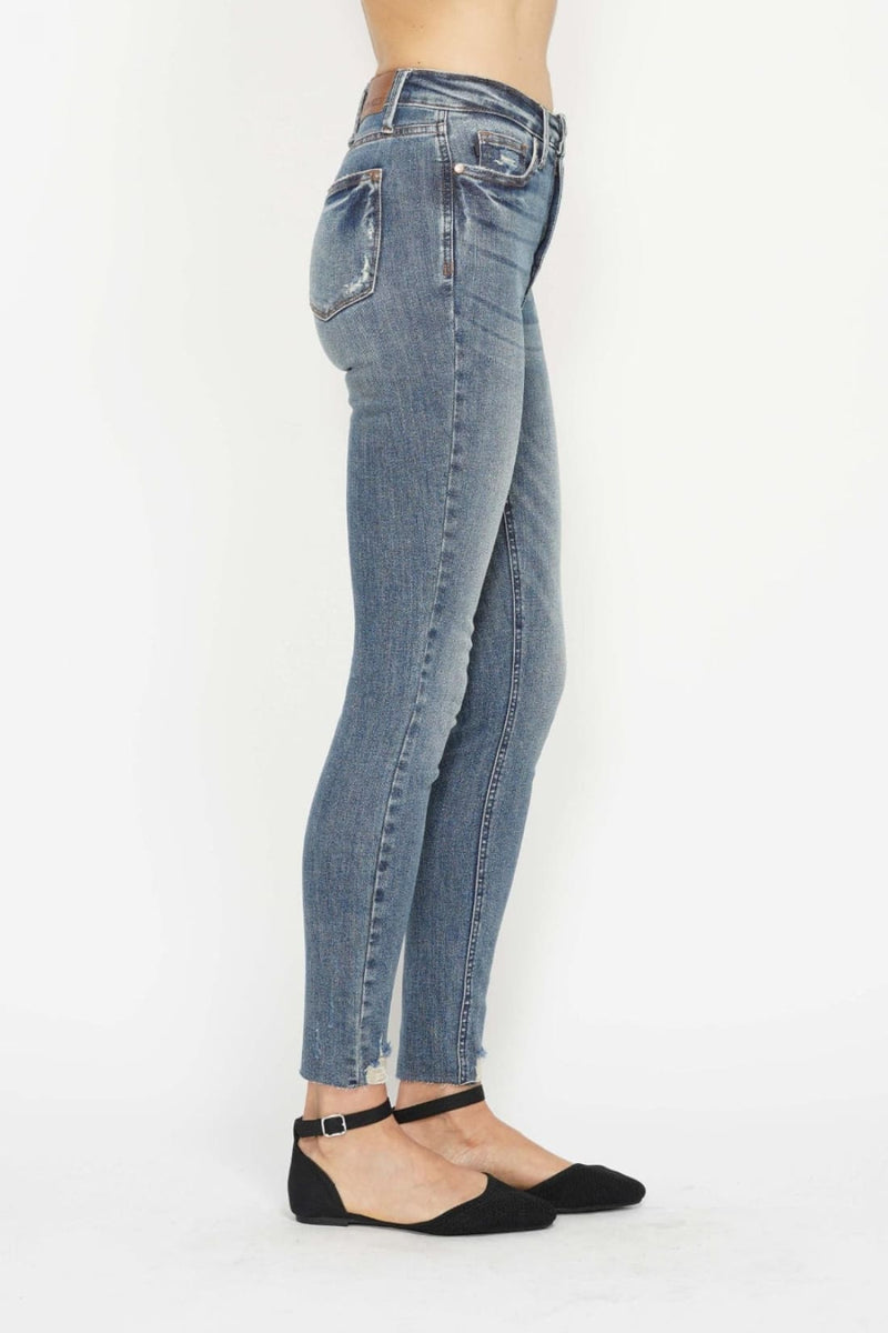 Judy Blue Tummy Control Vintage Wash Destroyed Hem Skinny Jeans
