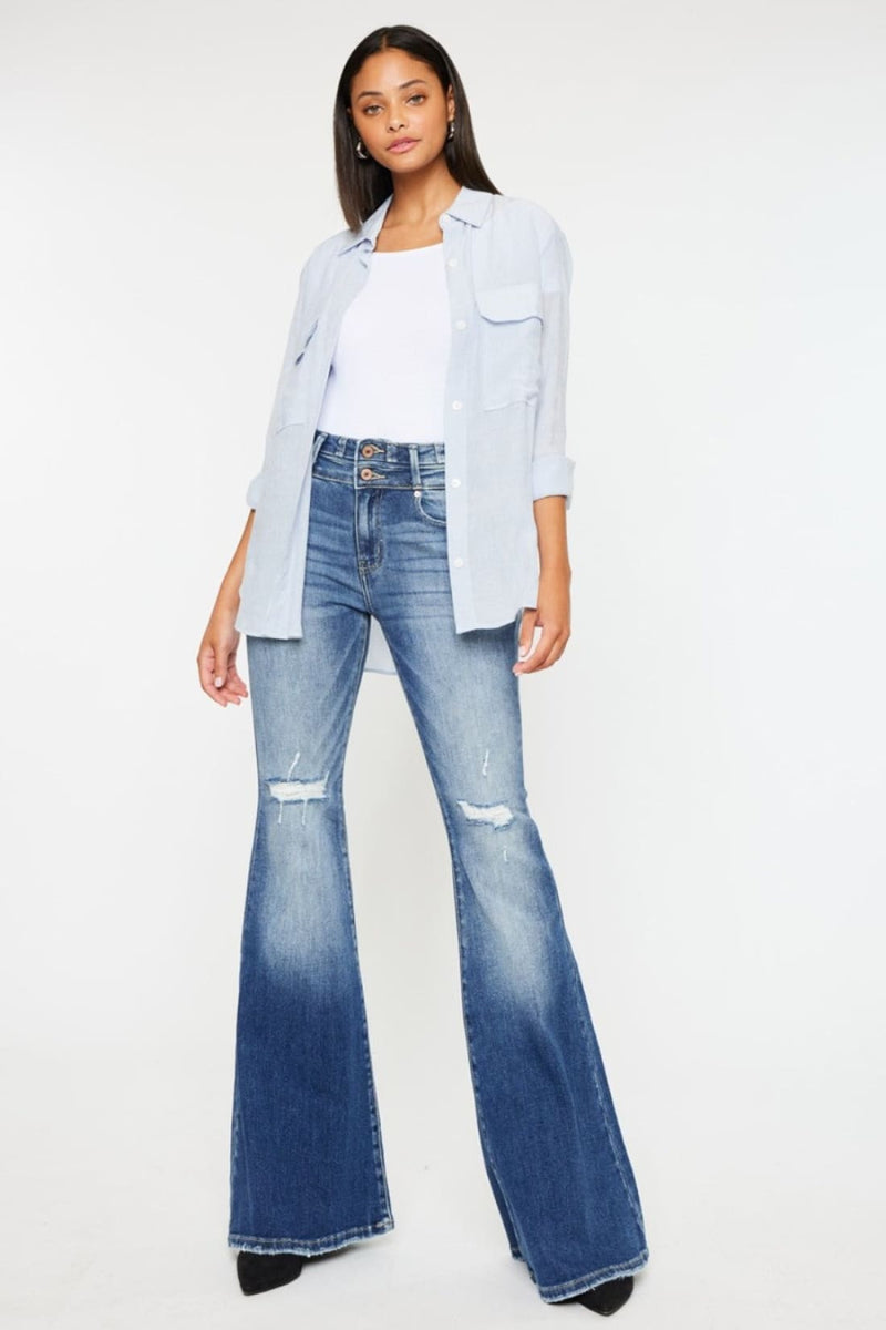 Kancan High Rise Wide Waistband Flare Jeans - Limited Quantities