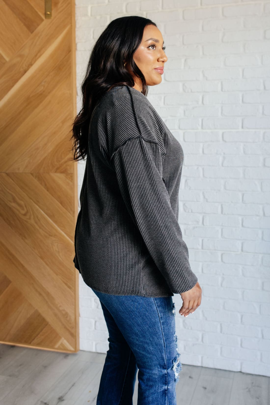 Ribbed Top with Exposed Seam Detail | Long Sleeve Tops