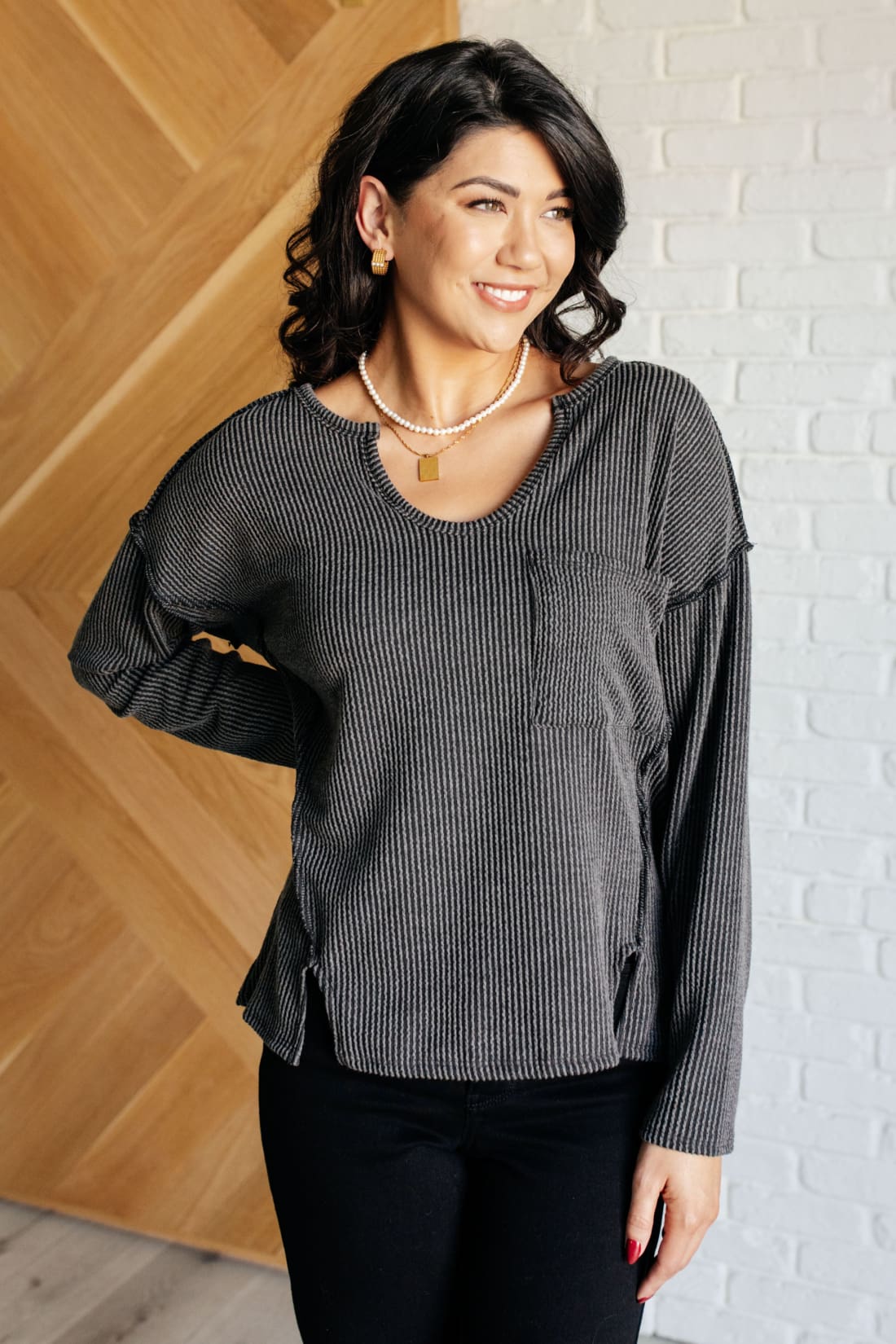 Ribbed Top with Exposed Seam Detail | Long Sleeve Tops