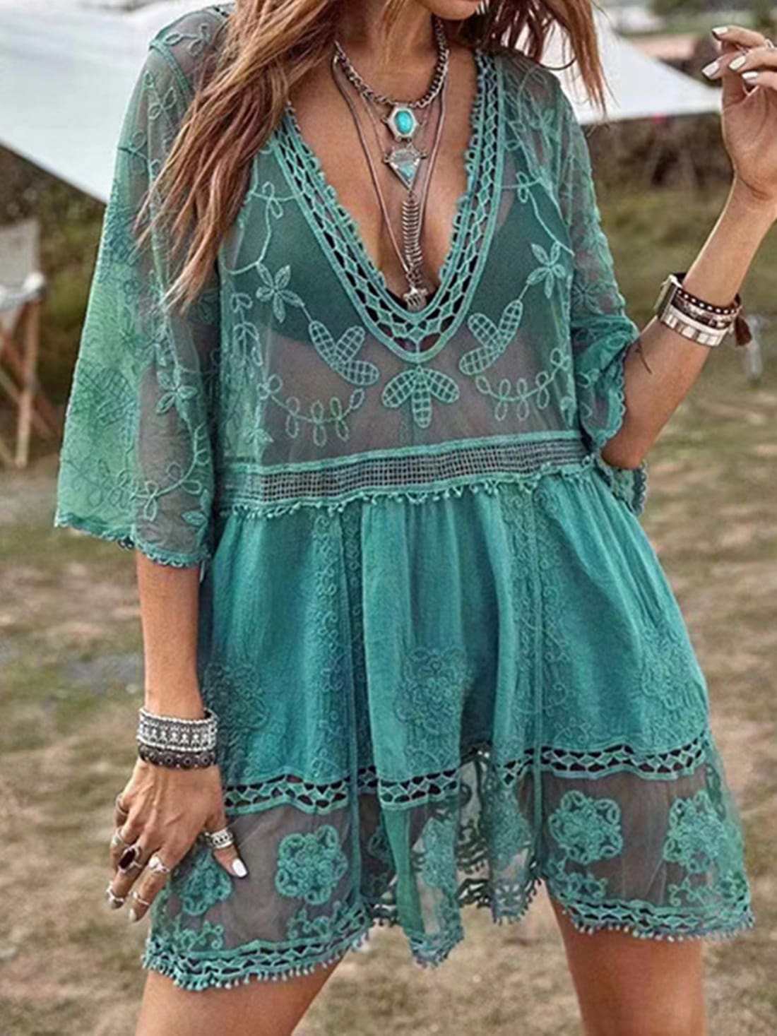 Lace Detail Plunge Cover-Up Dress | swim coverups