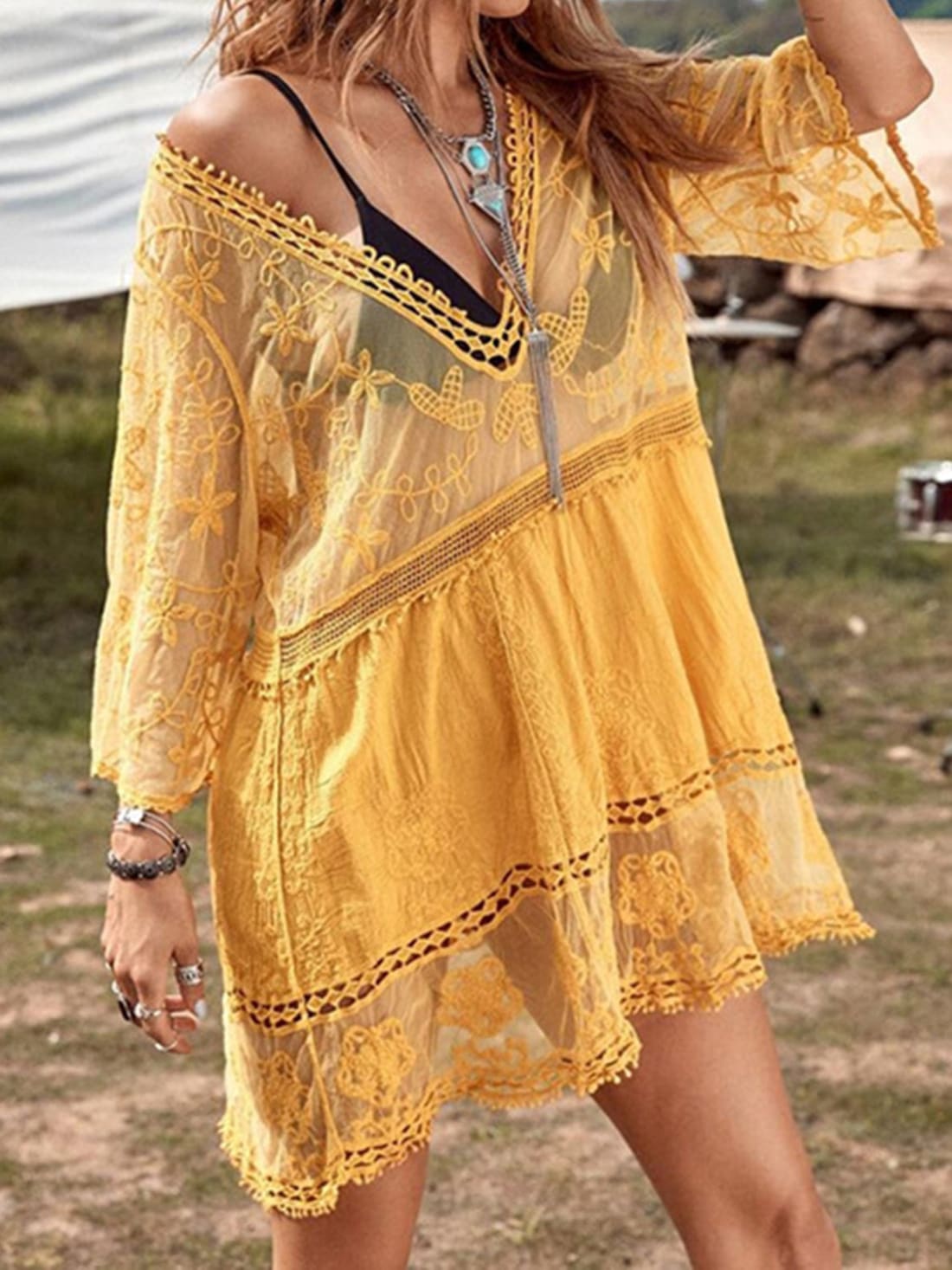 Lace Detail Plunge Cover-Up Dress | swim coverups