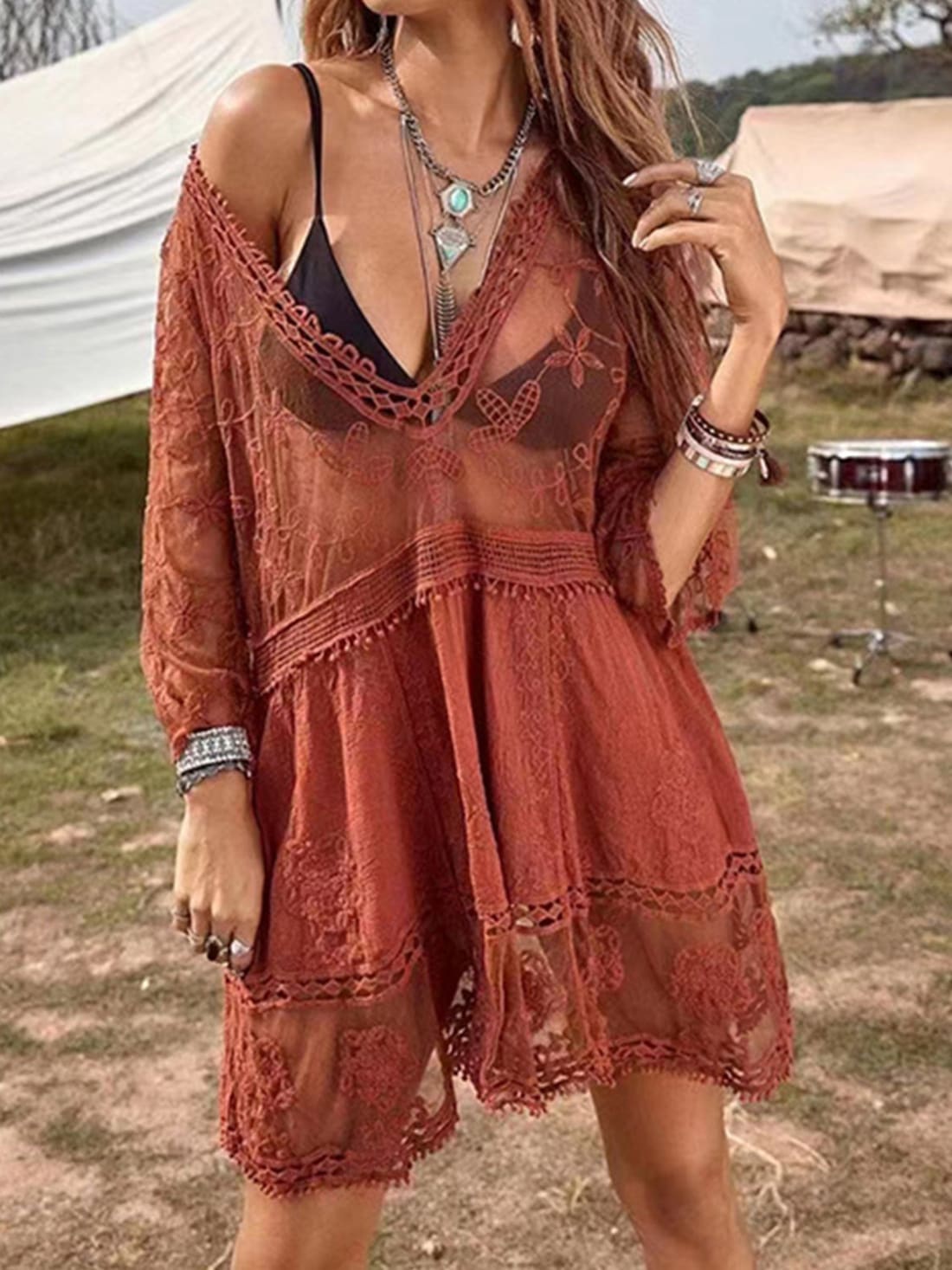 Lace Detail Plunge Cover-Up Dress | swim coverups