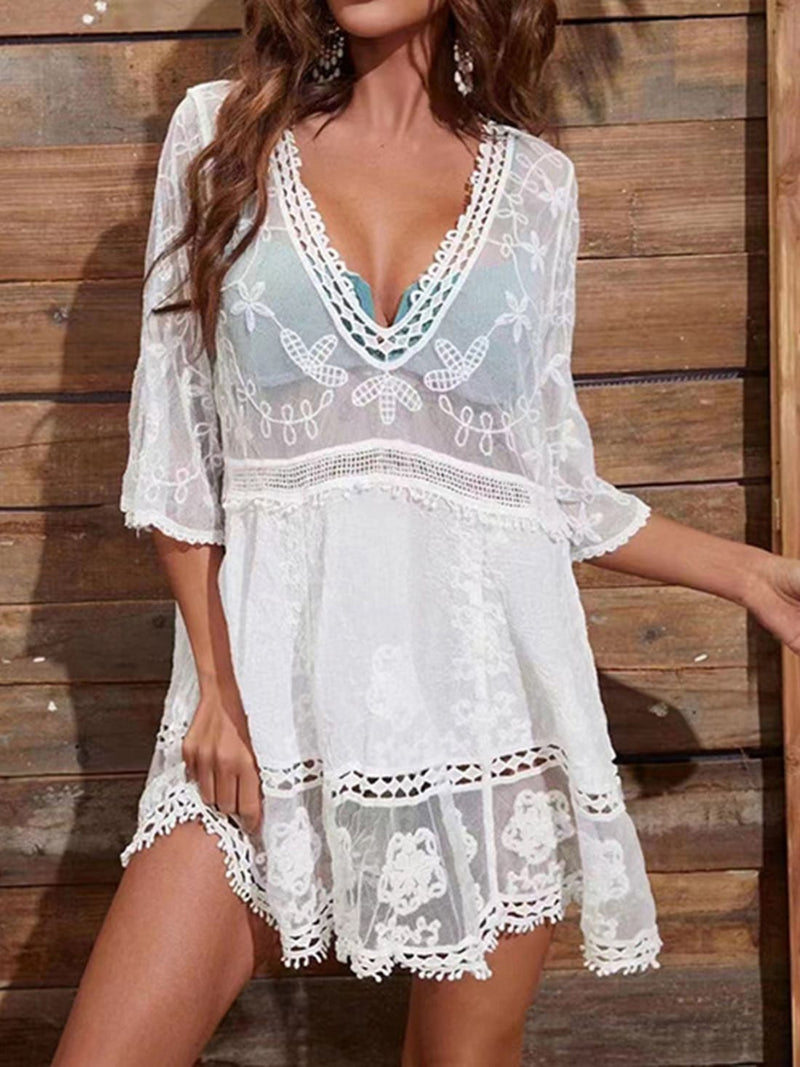 Lace Detail Plunge Cover-Up Dress | swim coverups