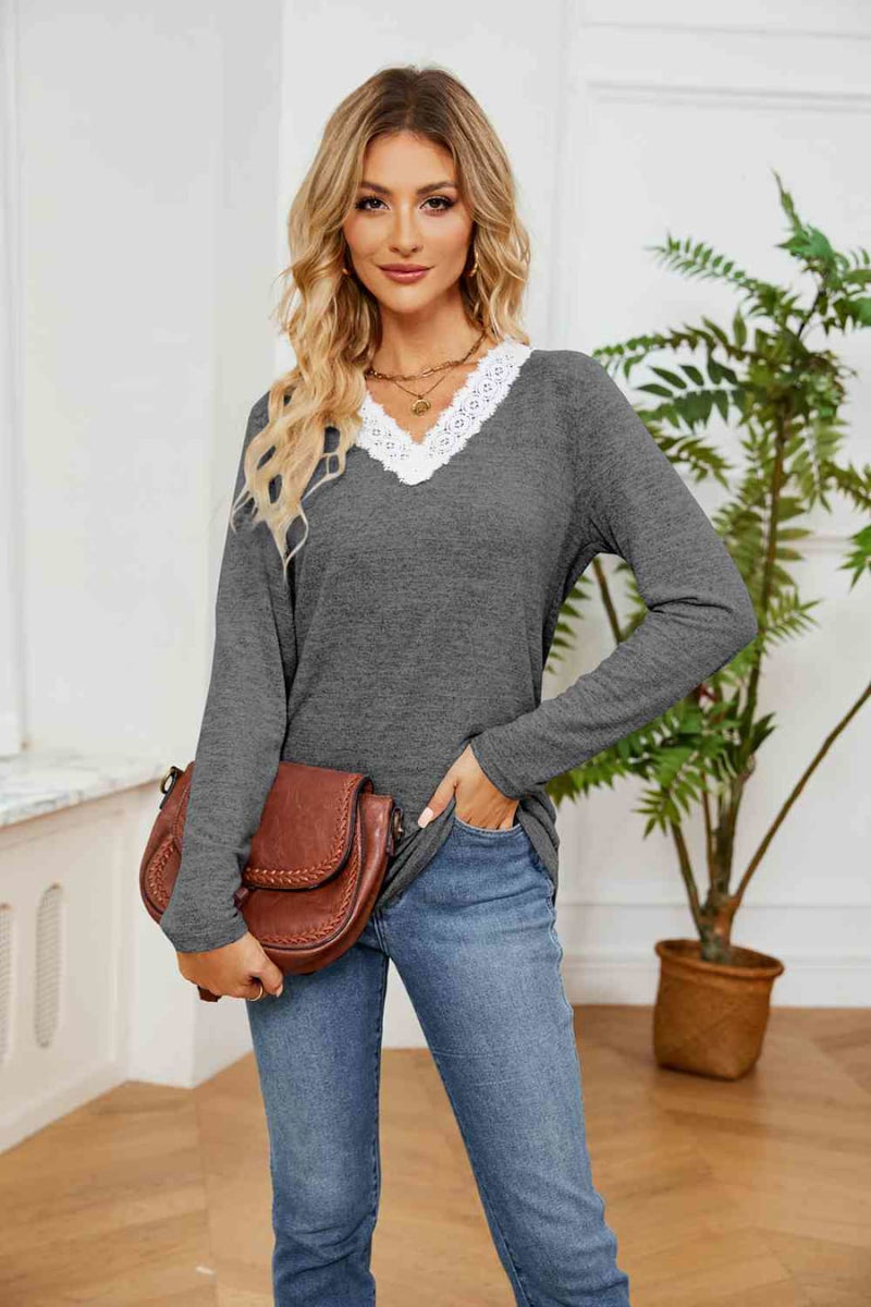 Lace Detailed V Neck Top | Long Sleeve Tops