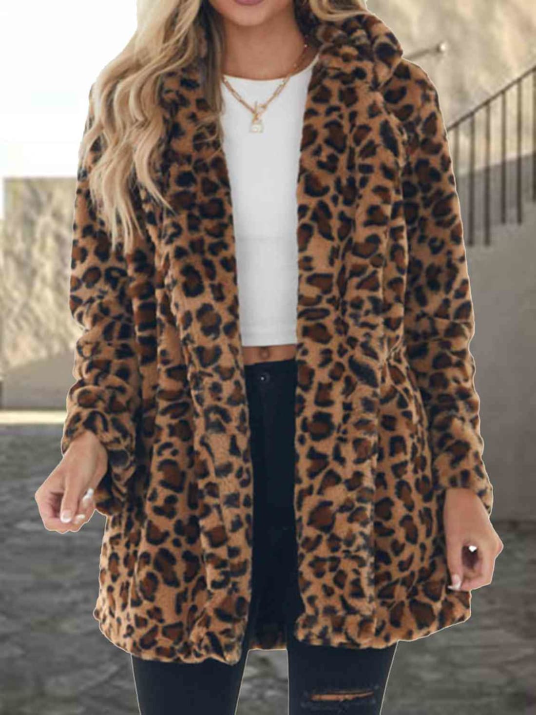 Leopard Collared Neck Coat with Pockets | Jackets & Coats