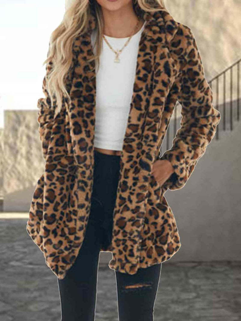Leopard Collared Neck Coat with Pockets | Jackets & Coats
