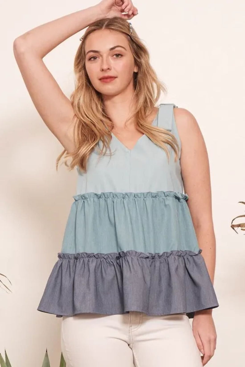 Lime ’N’ Chili Full Size Color Block V Neck Baby Doll Sleeveless Top Plus Size