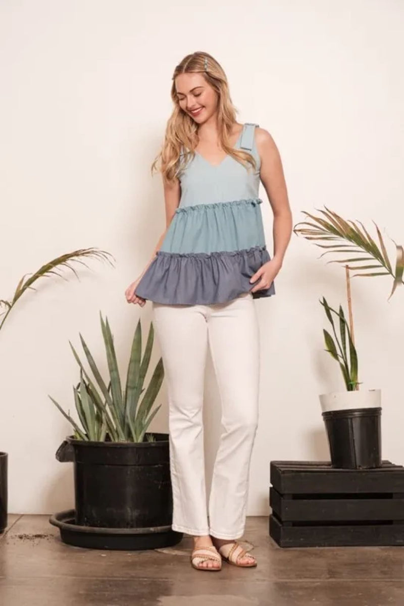 Lime ’N’ Chili Full Size Color Block V Neck Baby Doll Sleeveless Top Plus Size