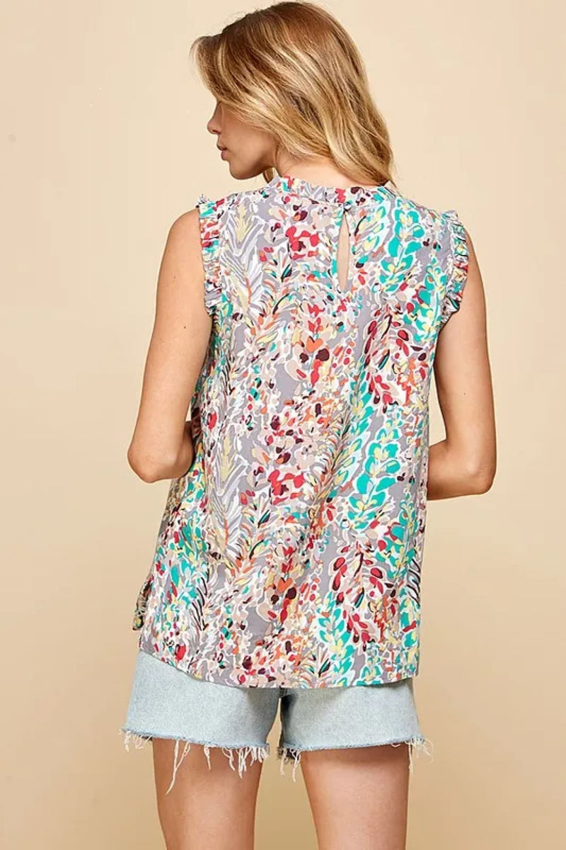 Lime ’N’ Chili Full Size Graphic Print Ruffle Trim Mock Neck Sleeveless Top Plus Size