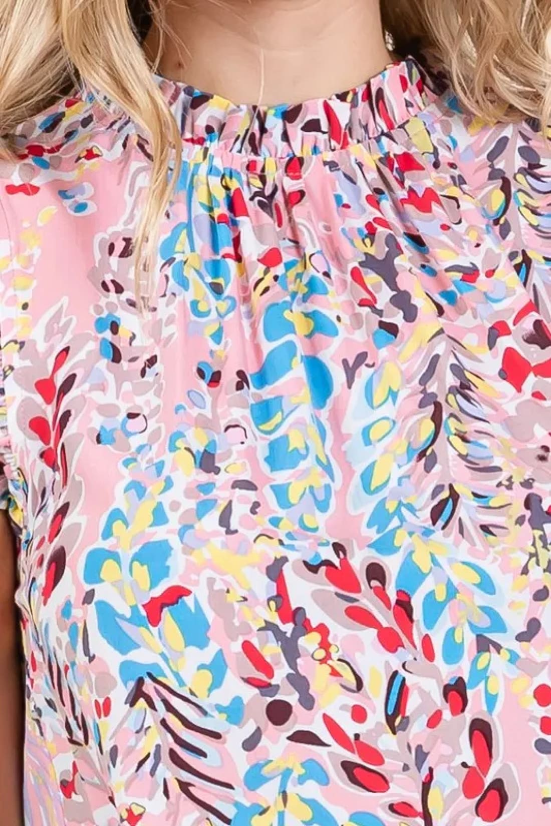 Lime ’N’ Chili Full Size Graphic Print Ruffle Trim Mock Neck Sleeveless Top Plus Size