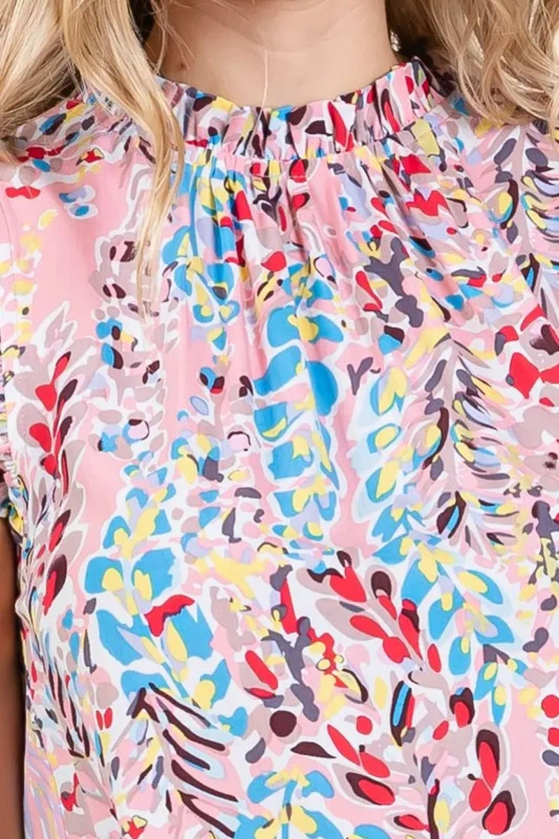 Lime ’N’ Chili Full Size Graphic Print Ruffle Trim Mock Neck Sleeveless Top Plus Size