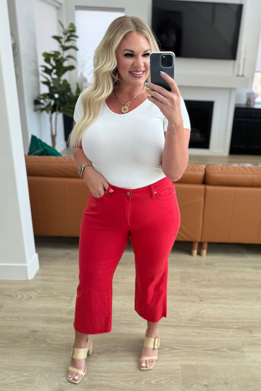 Lisa High Rise Control Top Wide Leg Crop Jeans in Red | Denim