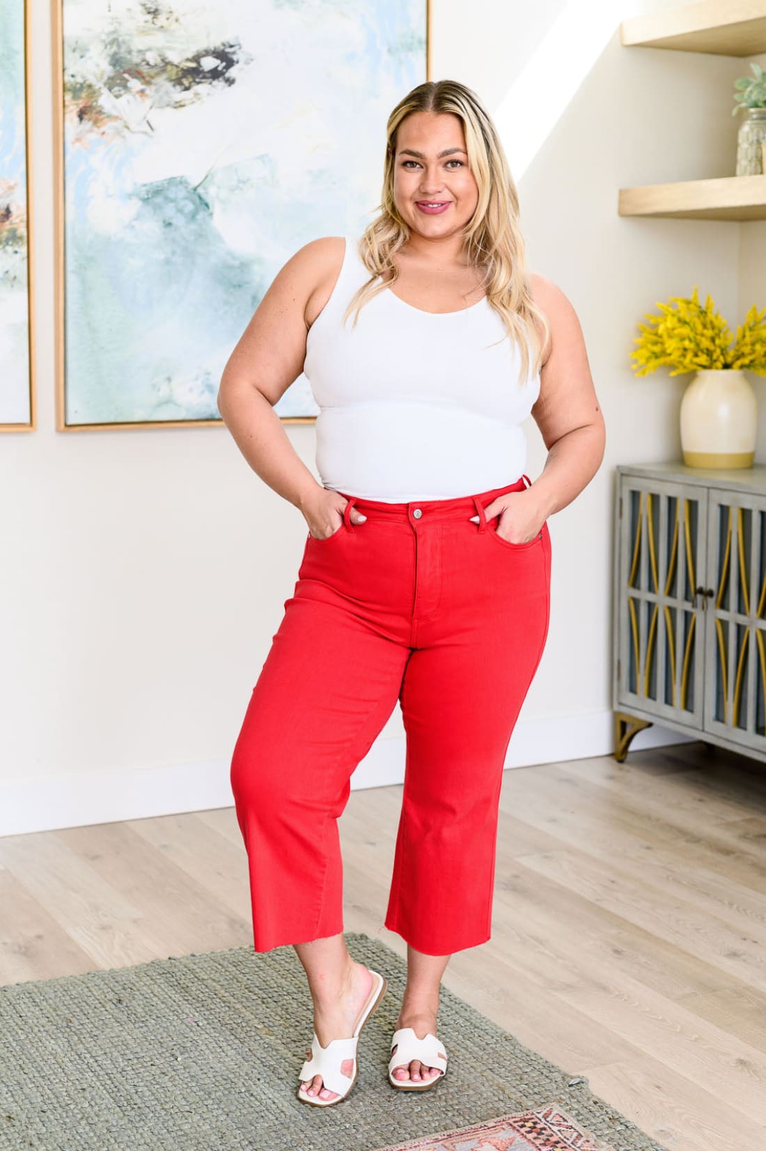 Lisa High Rise Control Top Wide Leg Crop Jeans in Red | Denim