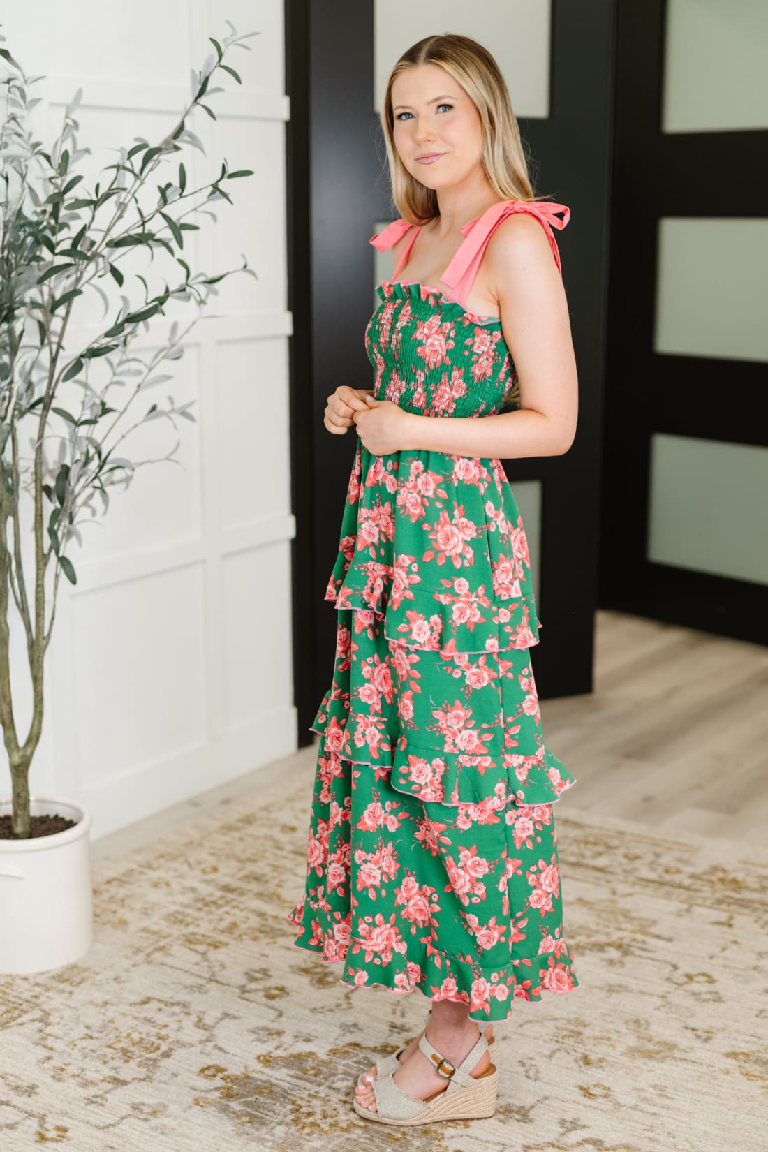 Low Effort High Impact Tiered Dress in Green/Coral