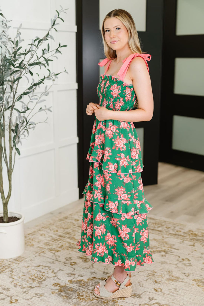 Low Effort High Impact Tiered Dress in Green/Coral